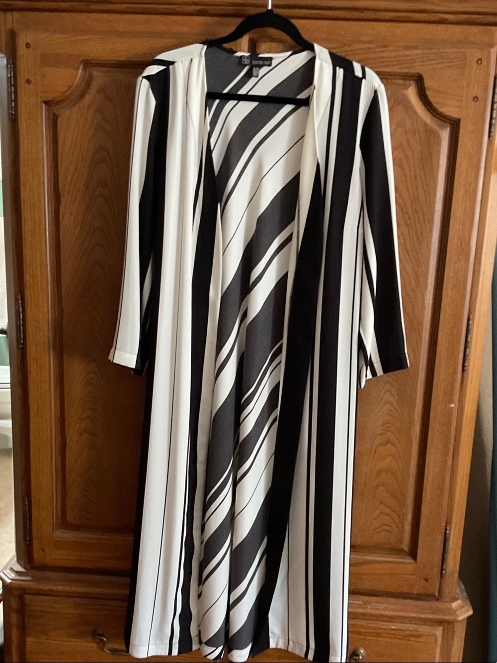 Long Open-Front Black & White Striped Women's Coat